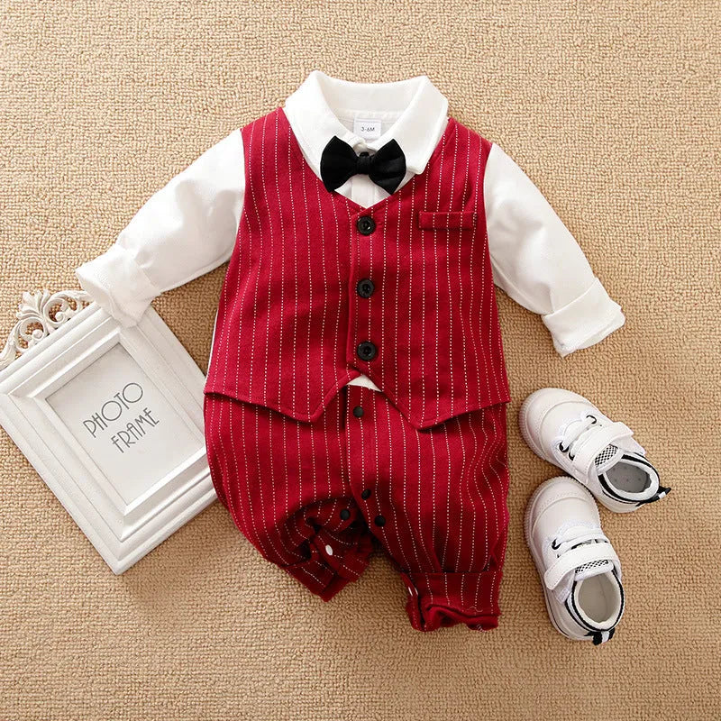 Wine red long sleeve cotton baby boy romper suit with single-breasted closure for spring and autumn wear.