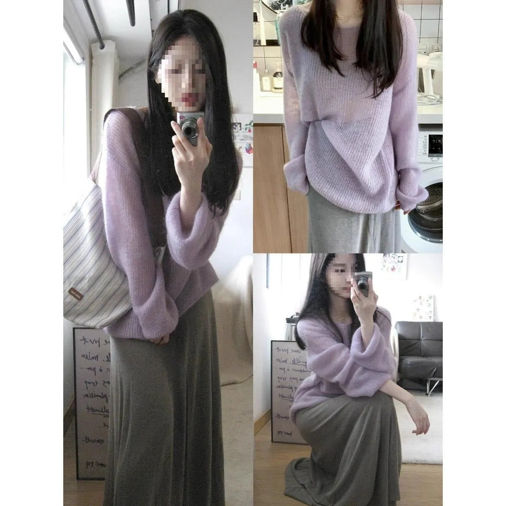 Purple women's blouse with hollow out detailing and princess sleeves made from lightweight ice silk fabric