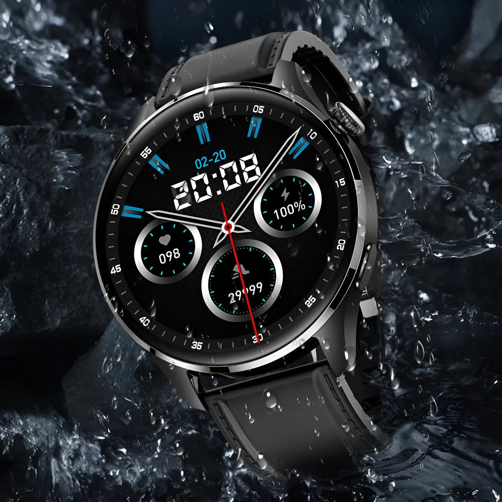 Black smartwatch with round colour touchscreen on a silicone strap, showing a watch face interface.