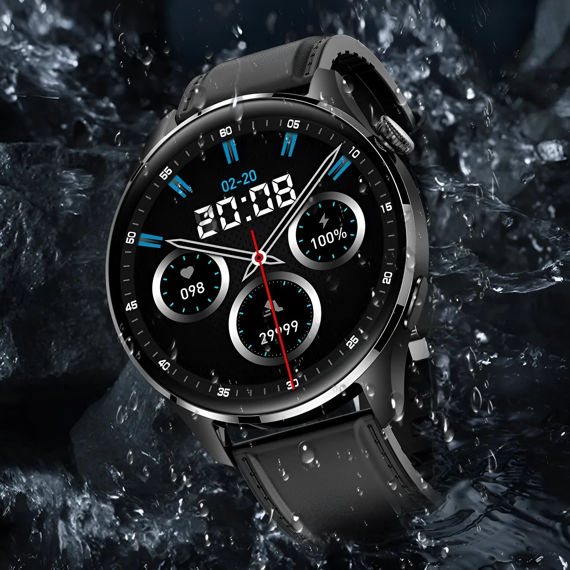 Black smartwatch with round colour touchscreen on a silicone strap, showing a watch face interface.
