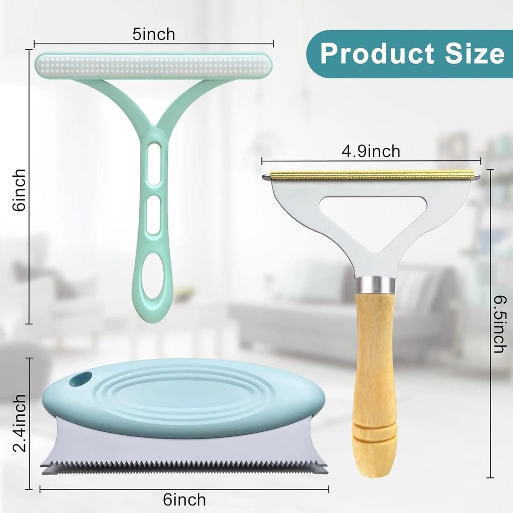 Three-piece pet hair remover set with metal lint shaver, silicone brushes, and round carpet scraper