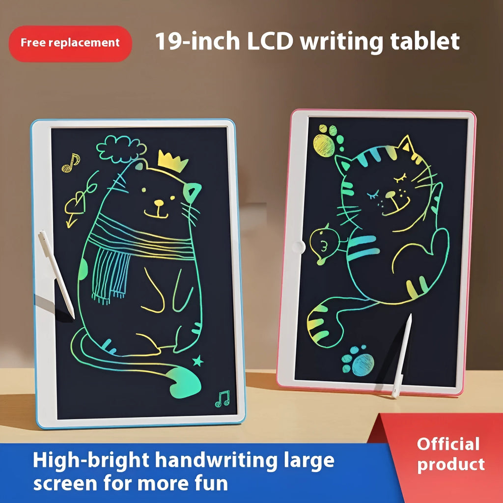 19-inch LCD drawing board for children in blue and white colour with attached stylus on screen.