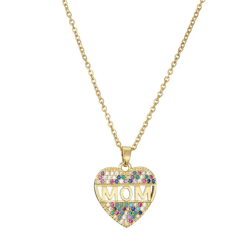 Copper peach heart MOM pendant necklace with micro inlay, gold colour, adjustable chain 21-50cm
