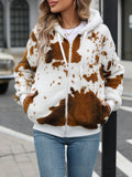 Men's yellow brown cow animal print hooded zip cardigan jacket