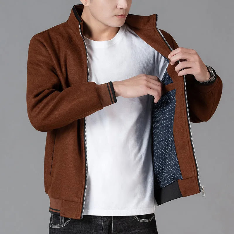 Men's gray polyester fleece autumn jacket with long sleeves and stick pocket