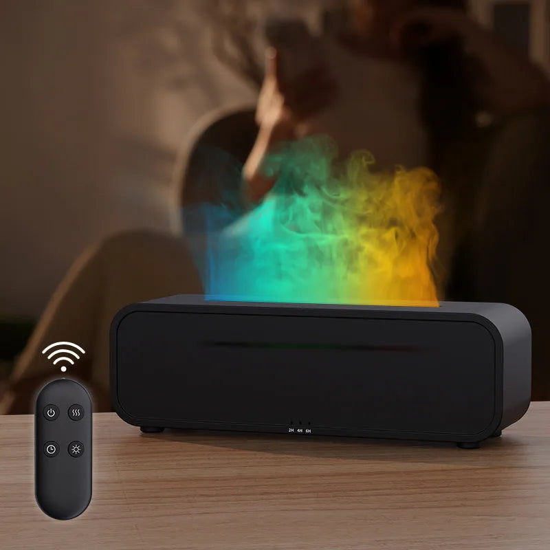 Black and white aroma diffuser with flame effect and colour-changing lights showing remote control