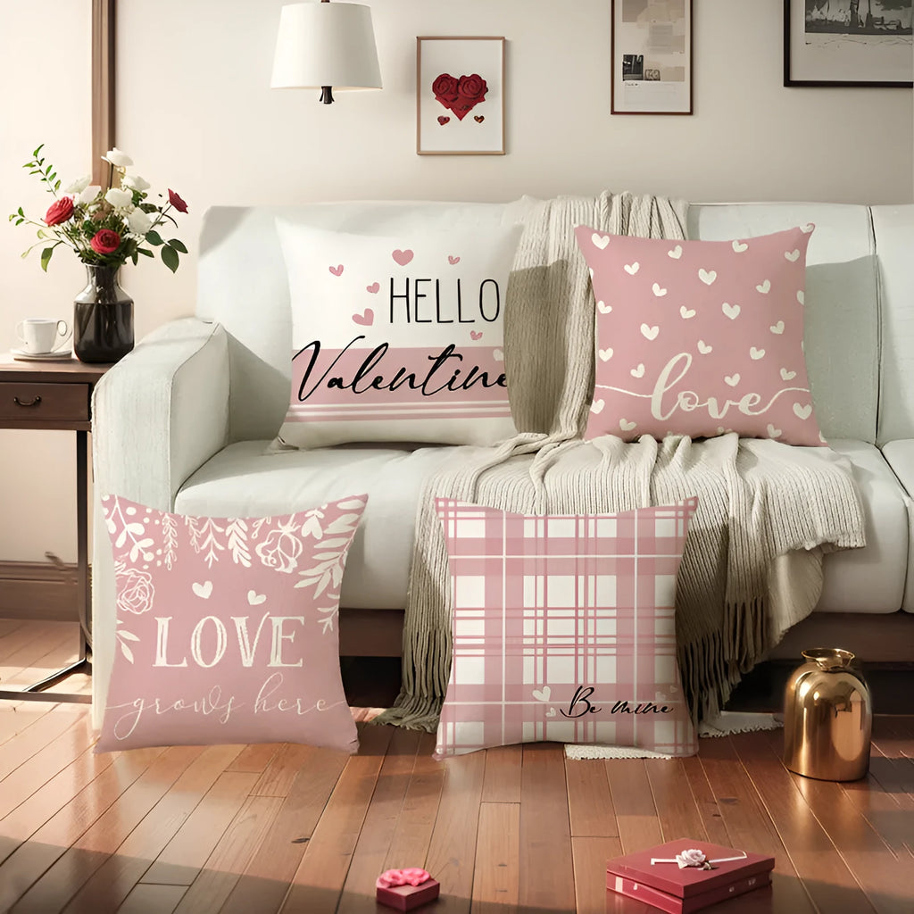 Square Valentine's Day pillow cover with red heart plaid print on a 45cm cotton cushion.
