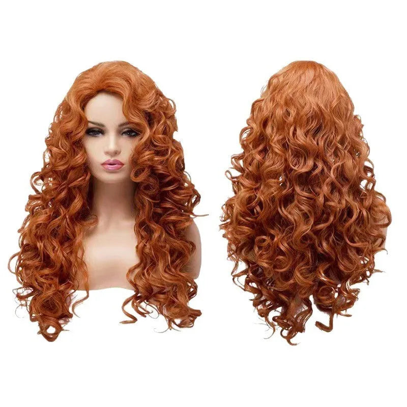 Brown long wavy curly synthetic wig with fluffy texture on a wig head.