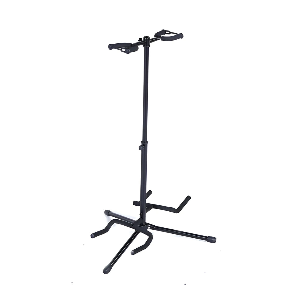 Black vertical double-headed adjustable guitar stand with foam padding on contact points