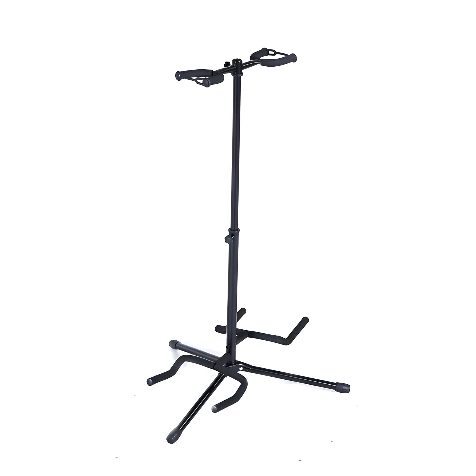 Black vertical double-headed adjustable guitar stand with foam padding on contact points