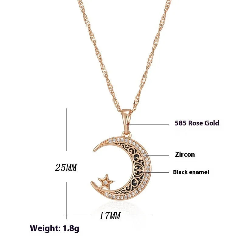 Rose gold star moon enamel zircon pendant necklace with adjustable water wave chain on display
