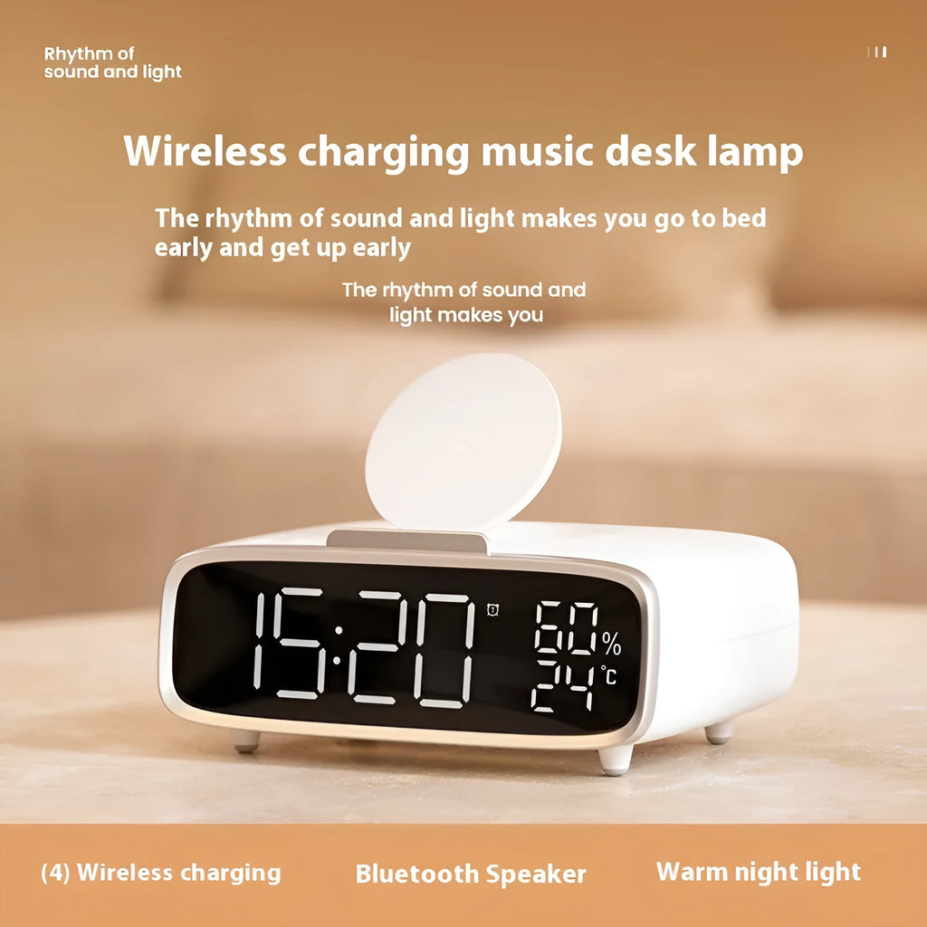 White ABS acrylic Bluetooth speaker wireless charger with night lamp and alarm clock on a desk showing charging pad and speaker grille