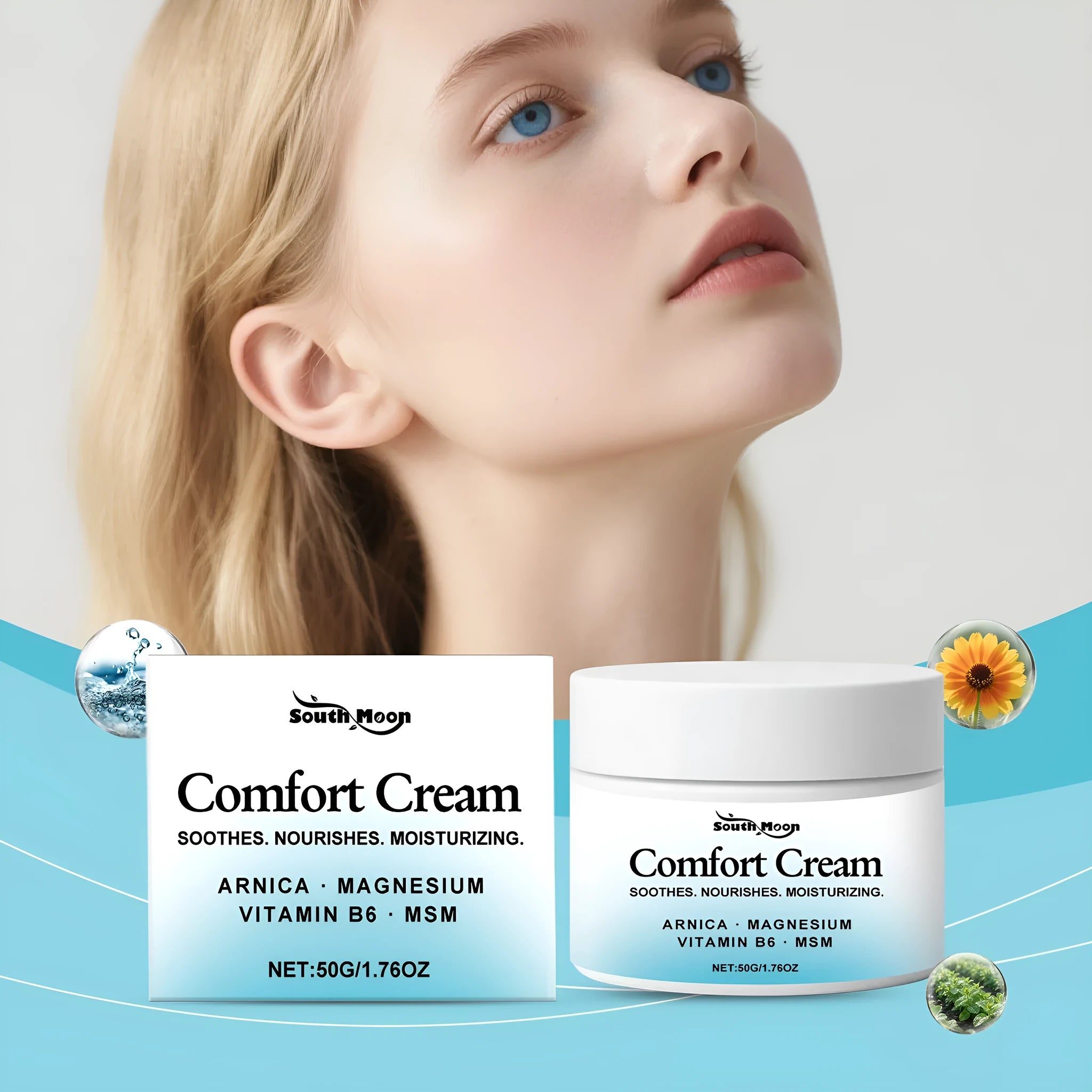 Comfortable Moisturizing Cream 50g jar with Shanjinchehua and Glycerol for skin hydration.