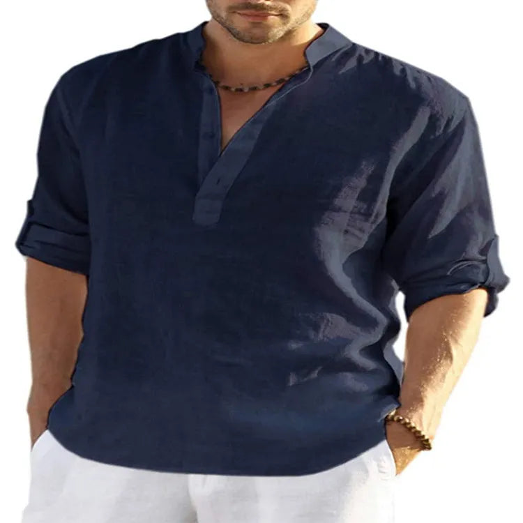 Men's casual cotton linen shirt in solid colour with stand collar and long sleeves