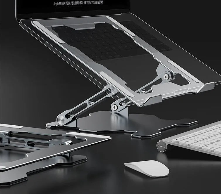 Grey aluminum laptop stand showing adjustable angle mechanism and folding design