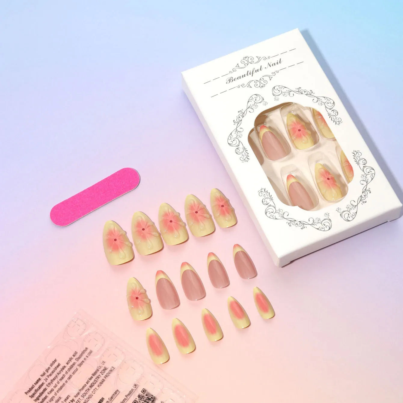 Simple fake nails set with 3D cartoon flower patterns and detachable plastic covers in colour TY-318