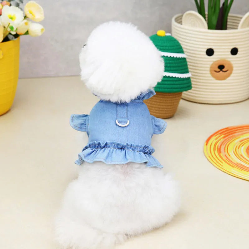 Blue denim dog dress with chest harness and back ruffles in various sizes