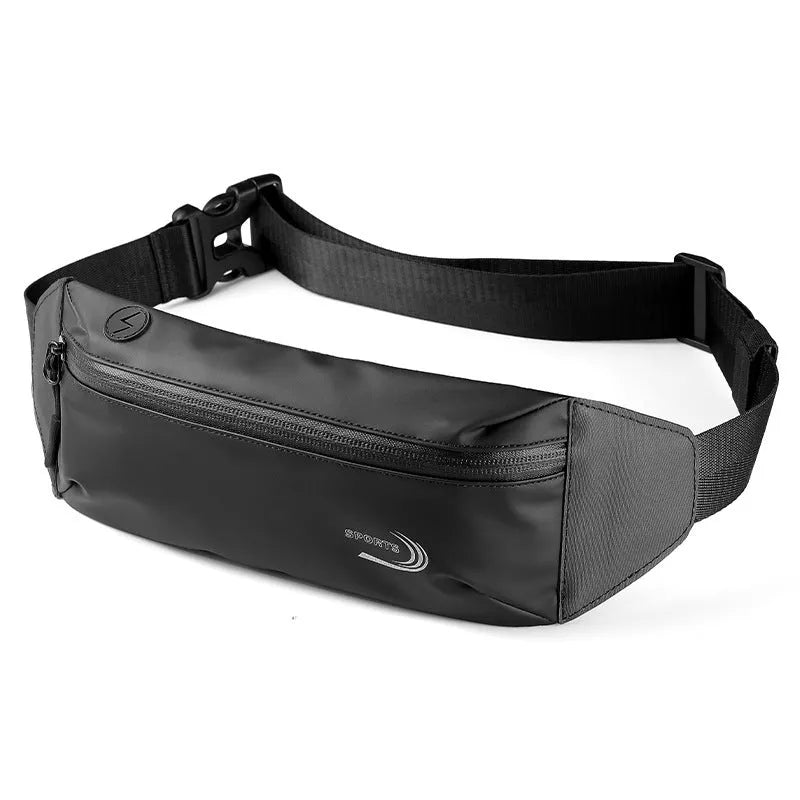Men's blue waterproof sports waist bag made from Derm Oxford polyester, shown with adjustable strap.