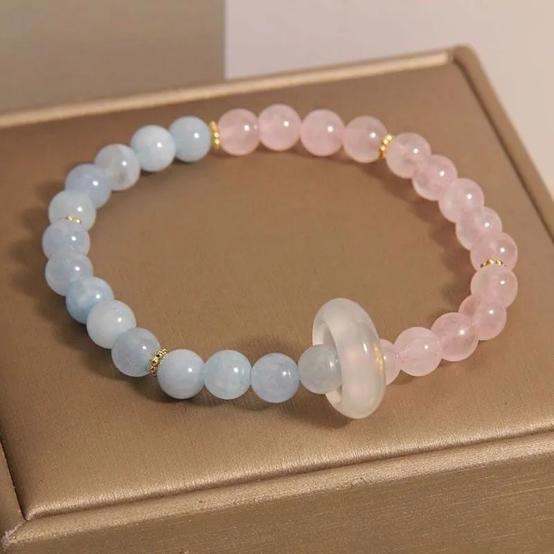 Women's aquamarine crystal bracelet with round mixed material beads in light luxury natural style