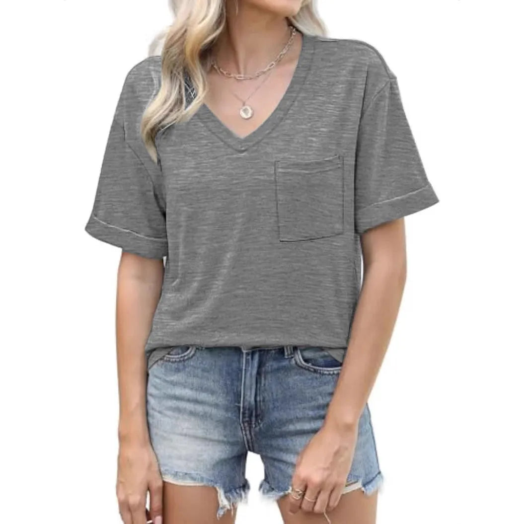 Grey loose V-neck t-shirt with chest pocket in Japanese Korean casual style