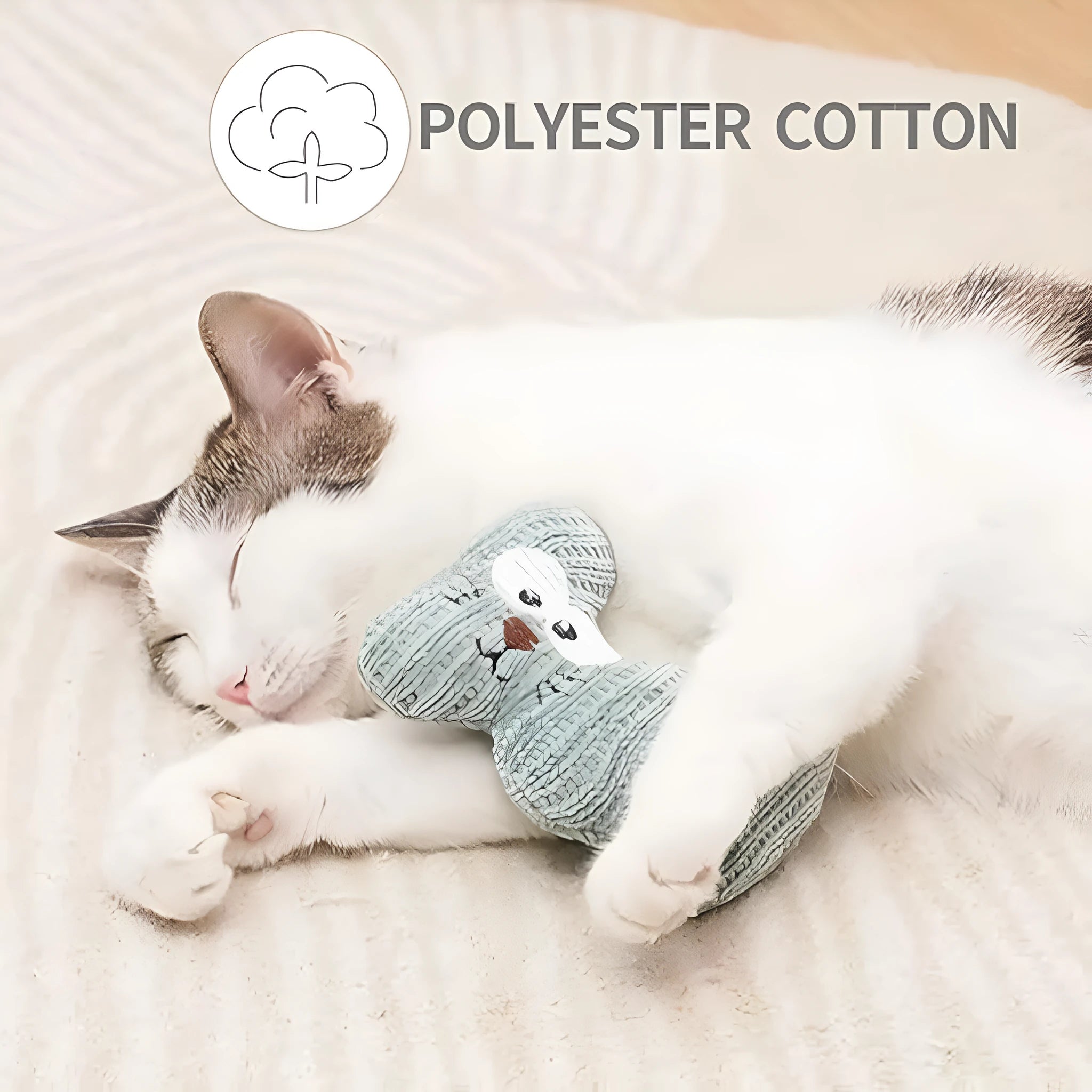 Cyan plush cat toy with rope details and a bell, shown next to a light coffee colour option.