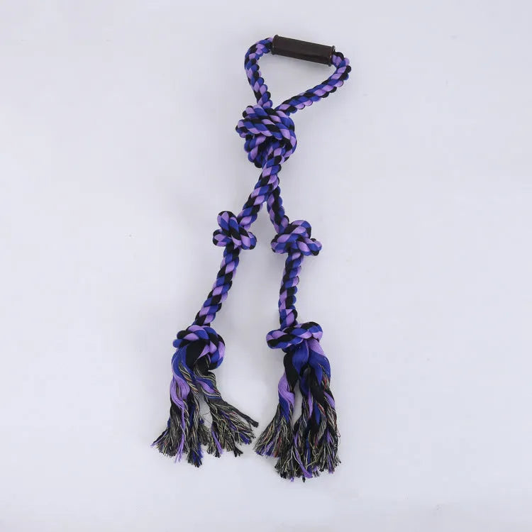 Blue and yellow cotton rope dog toy with reinforced centre connector for large breed chewing
