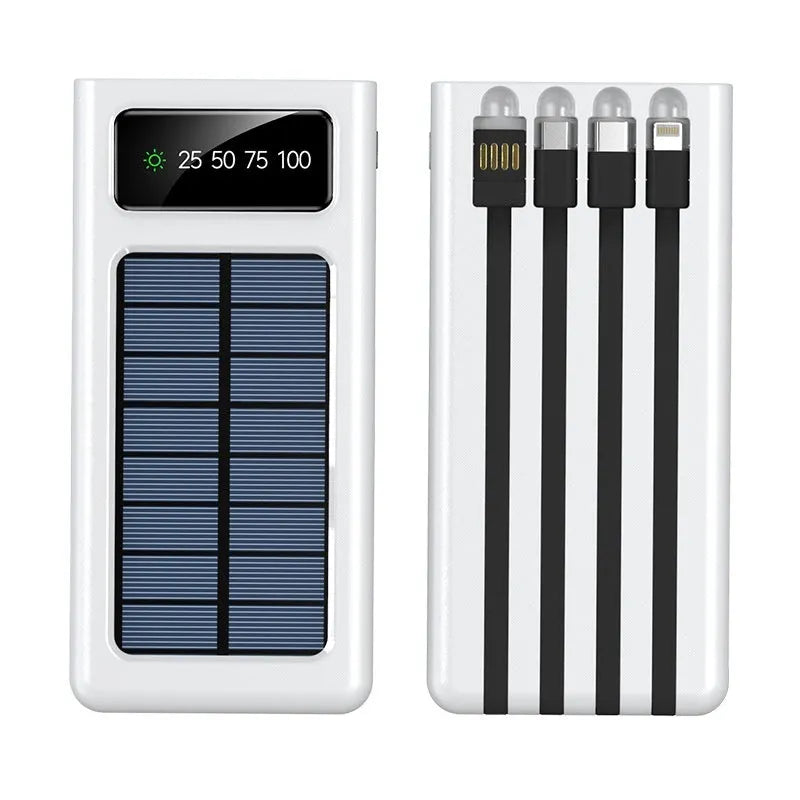 Black solar power bank 20000 MA with cable for mobile phones, plastic shell creative design