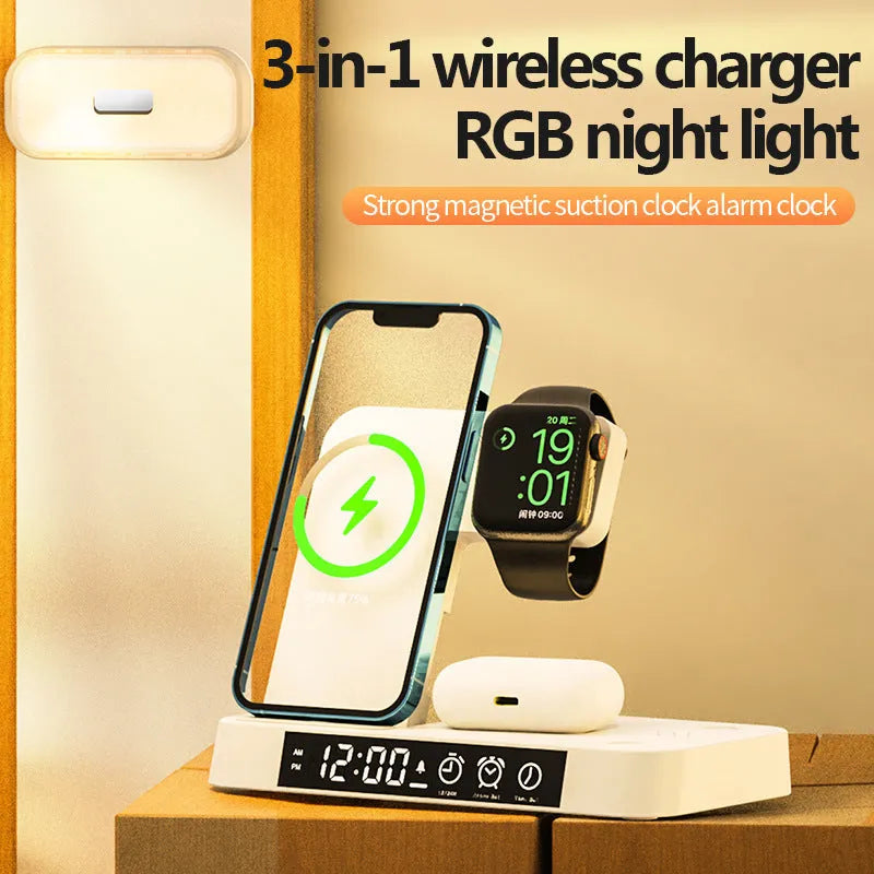 4-in-1 wireless charger station with alarm clock display and foldable stand charging a phone, headphones and watch