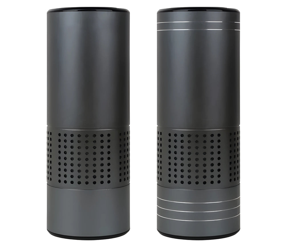 Car air purifier with water cup design and aluminium alloy housing showing air quality display