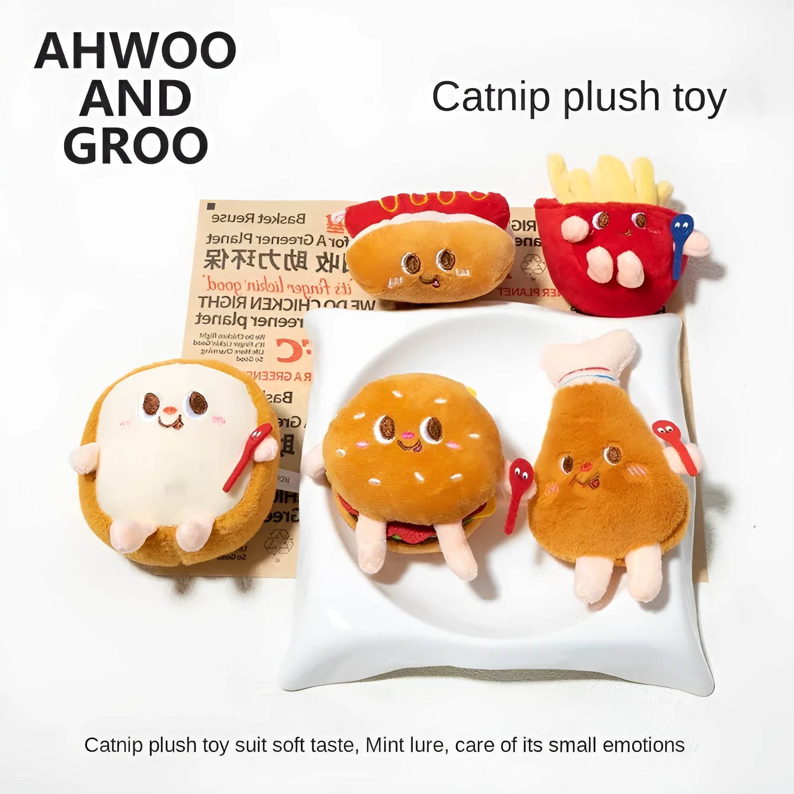 Cat mint teething toy shaped like a hamburger and chicken leg, made from soft plush fabric, on a light background.