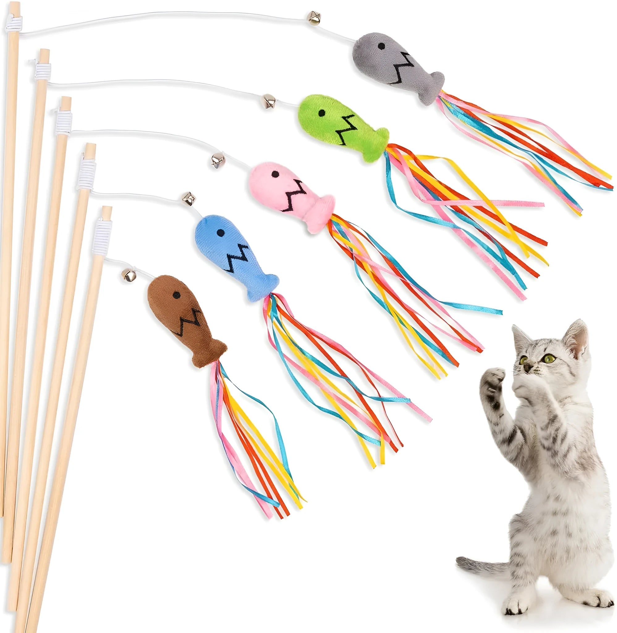 Cat wand toy with colourful ribbons, catnip fish and bell on 40cm wooden handle