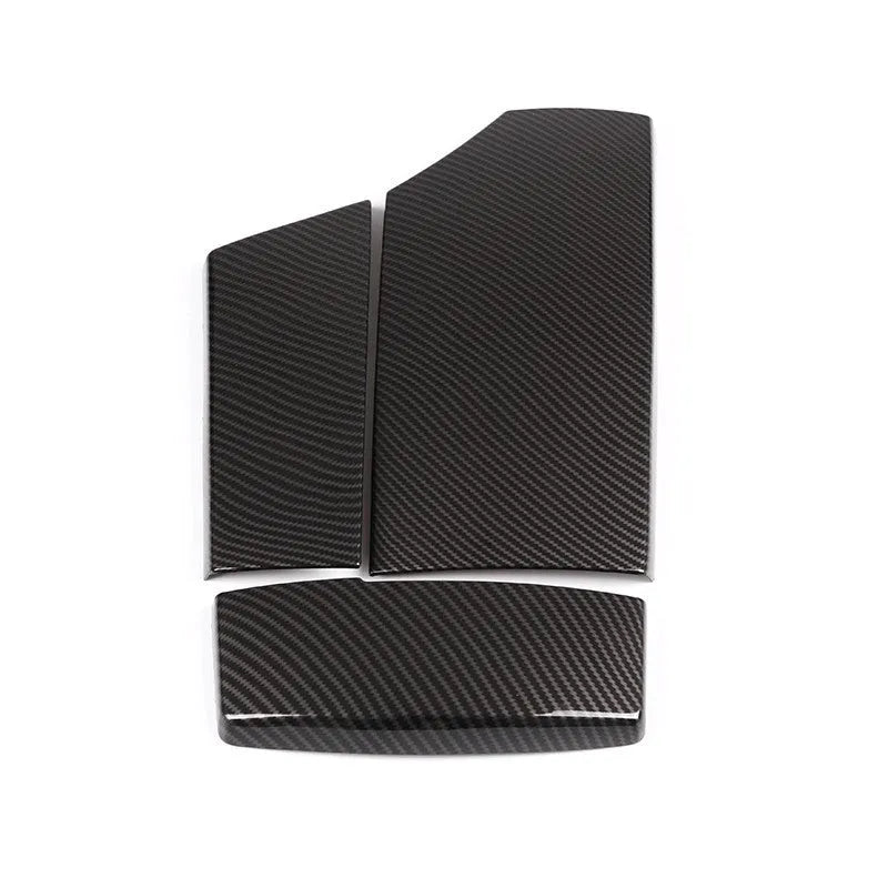 Three ABS plastic armrest box protective covers with carbon fibre pattern, measuring 33.5cm by 16cm