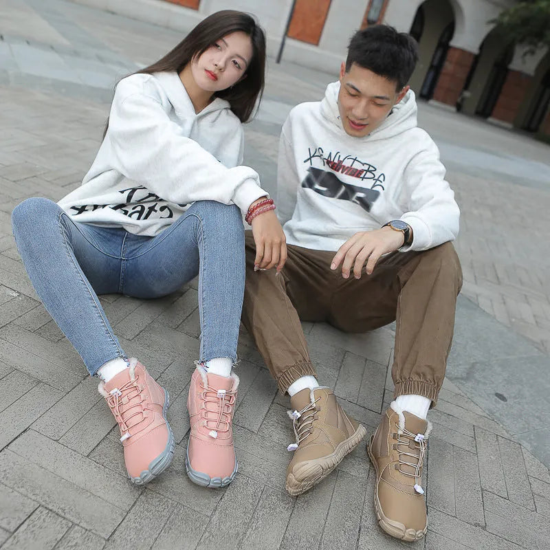 Unisex black waterproof snow boots with lace-up front and non-slip rubber sole