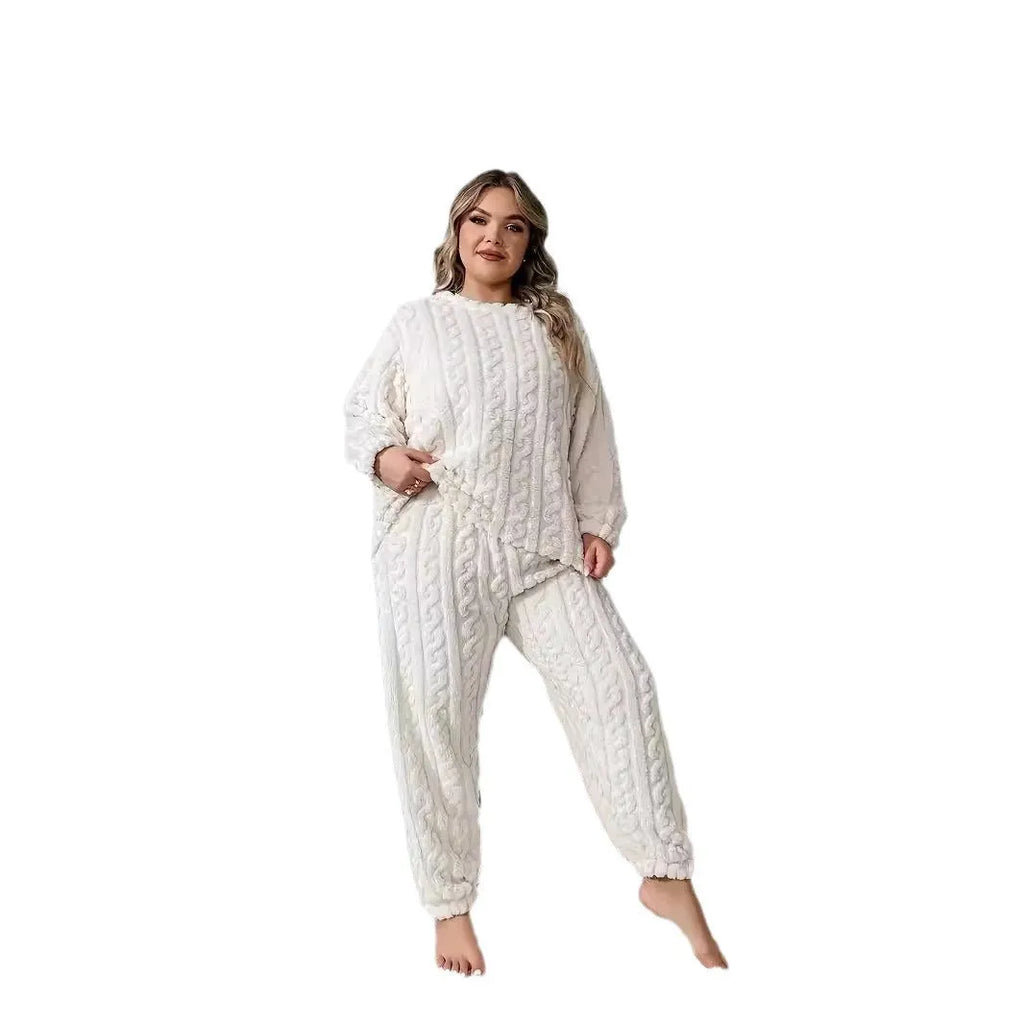 Women's milky white plush two-piece pants set with crew neck top and trousers in Japanese Korean casual style