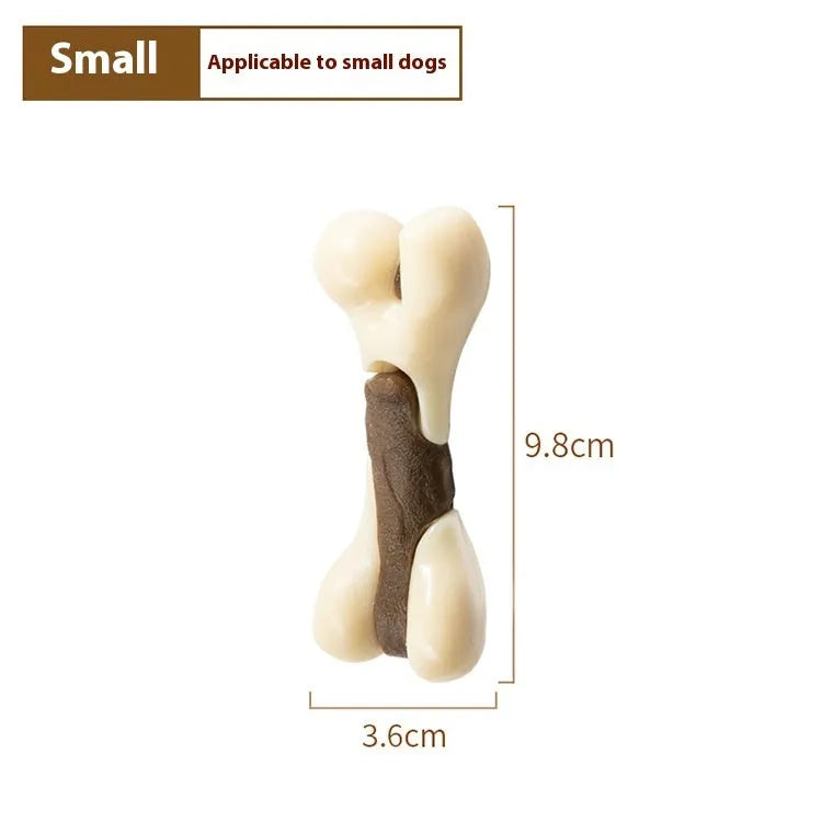 Dog bone grinding rod chew toy with cowhide and nylon construction in foodie bones design