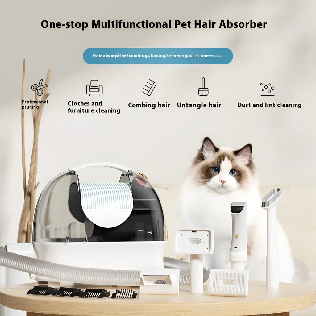 Pink and white pet hair vacuum cleaner and grooming shaver kit with attachments on a white background.
