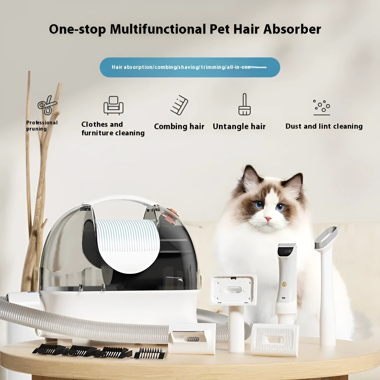 Pink and white pet hair vacuum cleaner and grooming shaver kit with attachments on a white background.