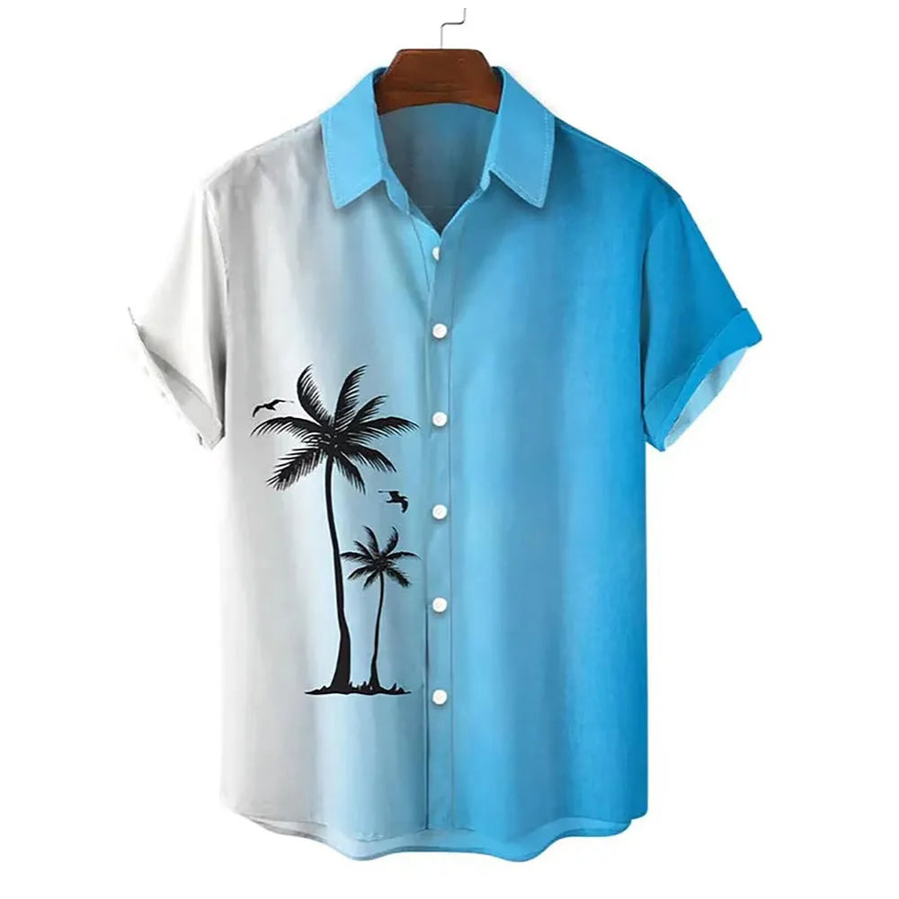 Hawaiian men's 3D printed short-sleeved cardigan shirt in green and blue tropical pattern, front view