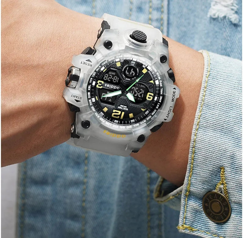 New electronic watch with dual display, round plastic case, plastic strap, and 50m waterproof rating for men