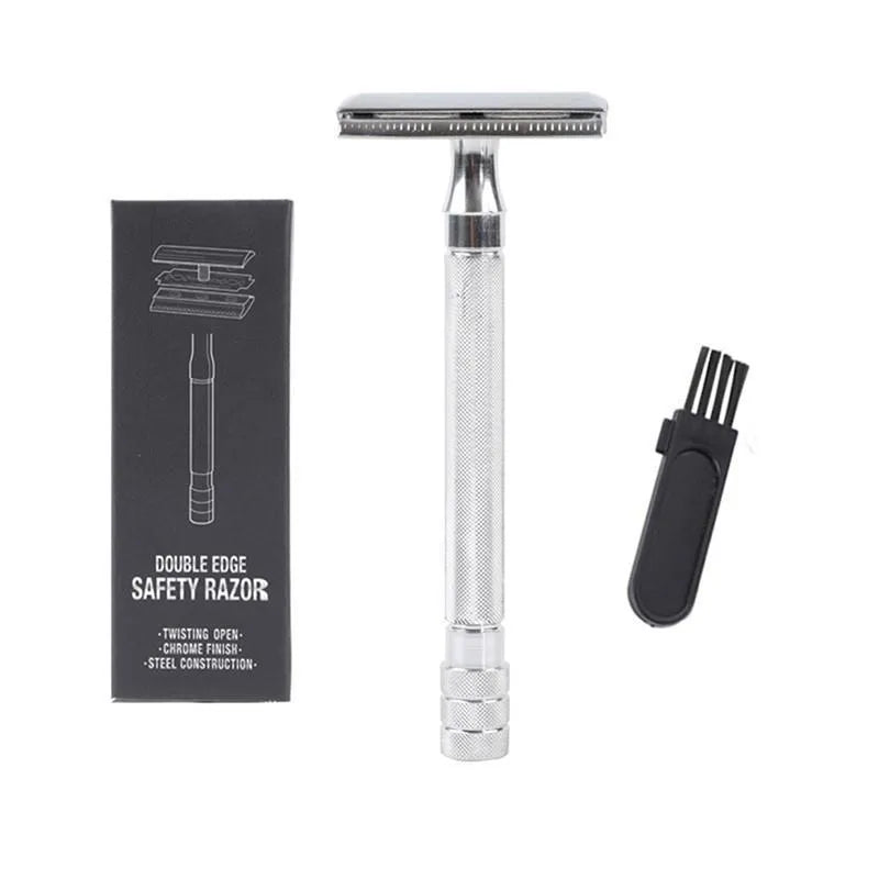 Traditional manual shaving kit with metal straight razor and shaving brush in black or silver handle options
