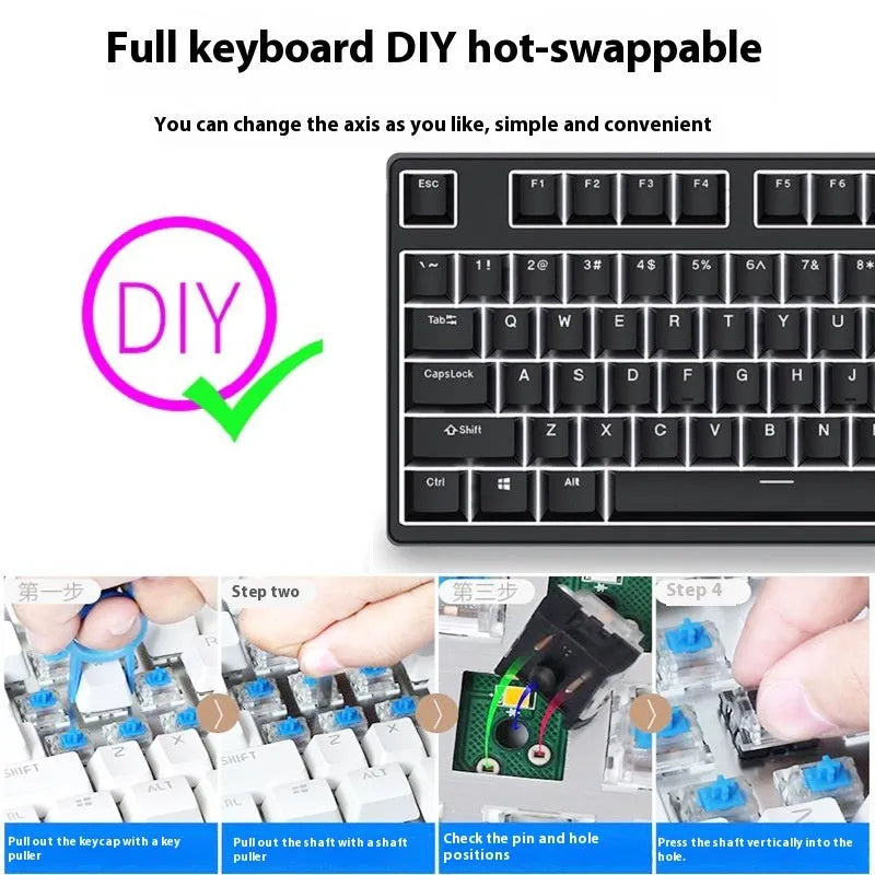 87-key wired mechanical gaming keyboard with colourful keycaps on a metal frame, shown with key puller and cable.