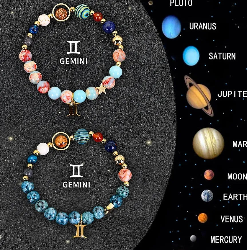 Set of twelve beaded bracelets with natural stones, each showing a different zodiac symbol on elastic cord.