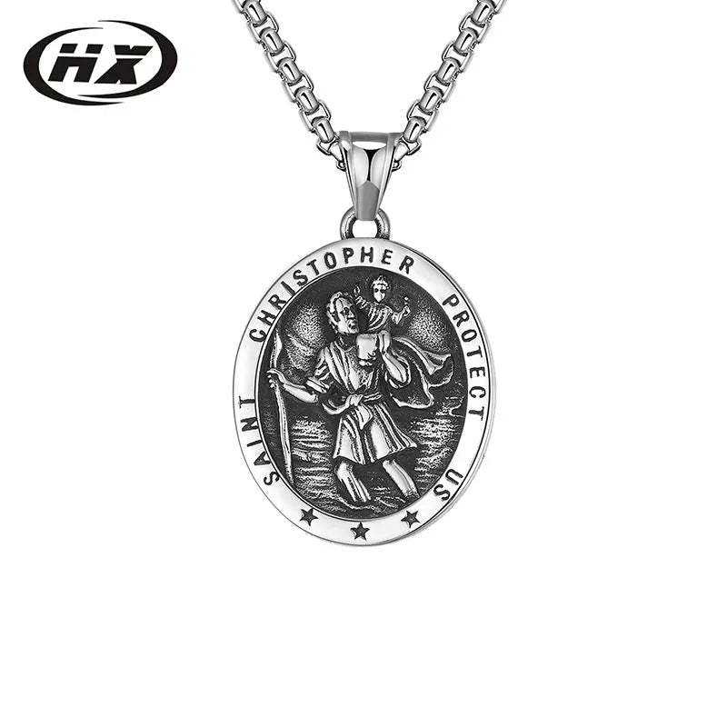 St Christopher titanium steel pendant necklace with 60cm chain, steel colour, geometric Angel motif