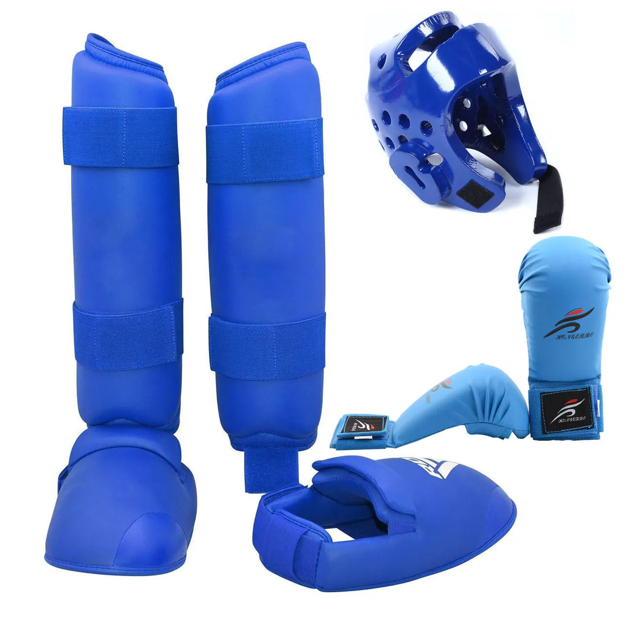 Complete martial arts protective gear set showing red boxing gloves, leg guards and helmet