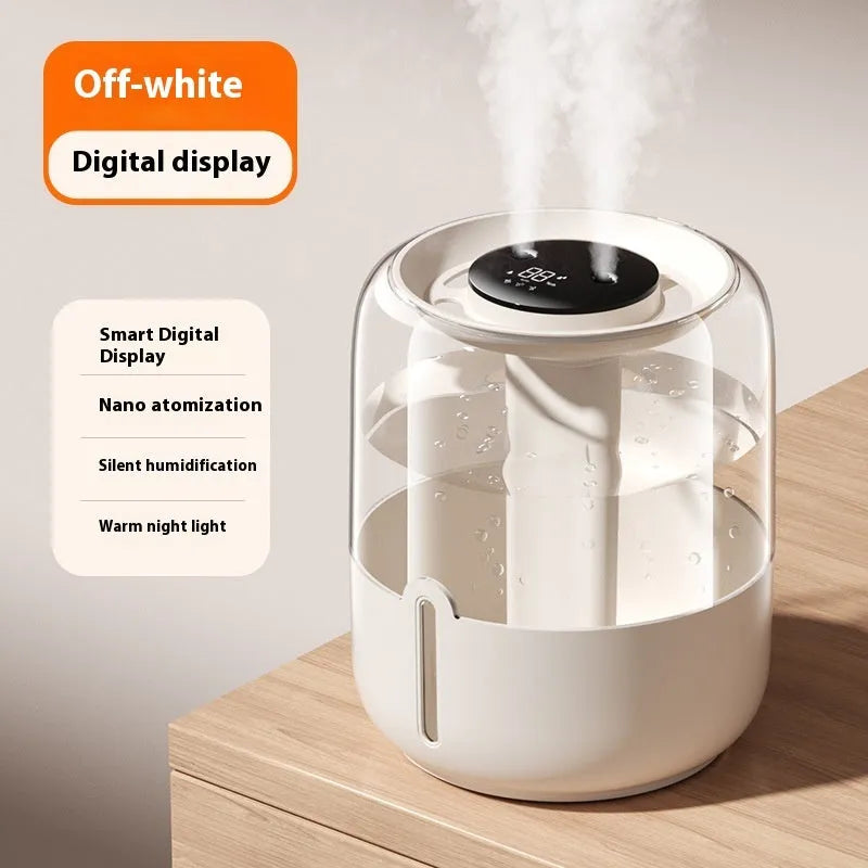 Beige round USB humidifier with dual spray nozzles, display screen, and night light