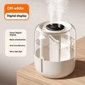 Beige round USB humidifier with dual spray nozzles, display screen, and night light