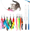 Cat teaser toy with extendable fishing rod and multiple feather replacement heads for interactive play