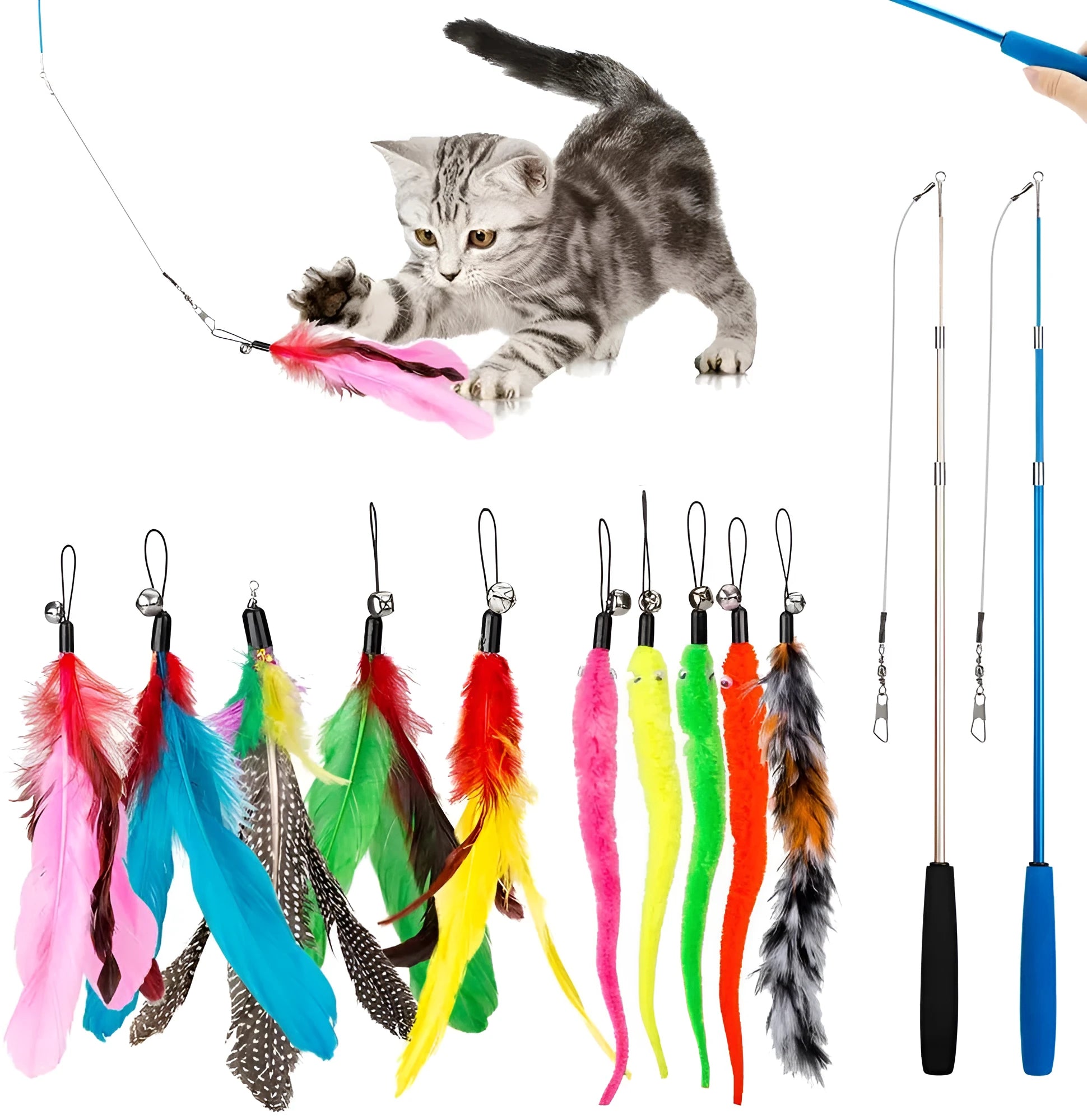 Cat teaser toy with extendable fishing rod and multiple feather replacement heads for interactive play