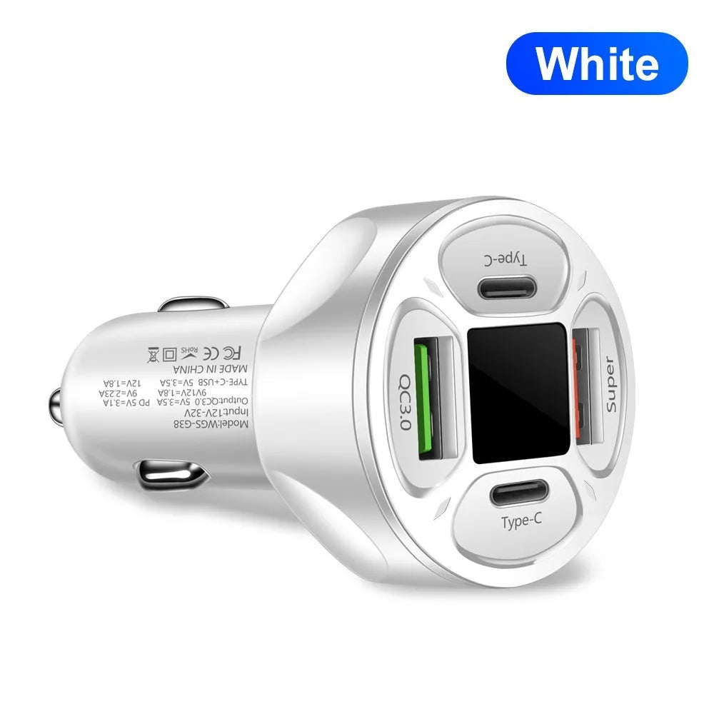 66W 2USB 2 Type-C digital display car charger in black with compact design and voltage readout