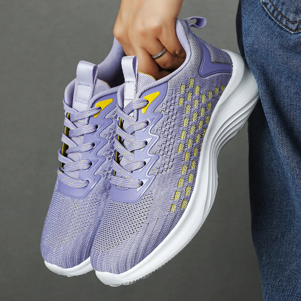 Women's lavender purple Flyknit mesh running shoes with striped pattern and EVA sole